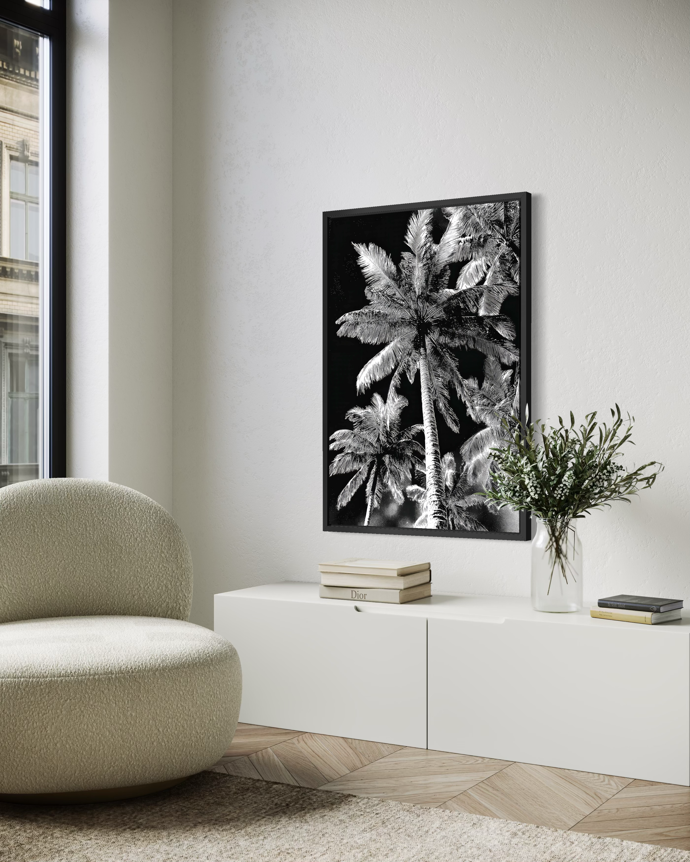 GG1201 - Palm Fronds Black White Digital Art Modern Botanical Wall Print